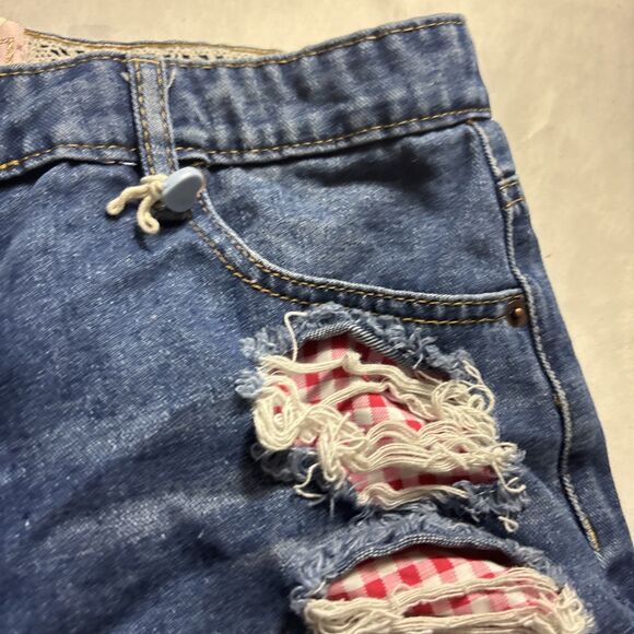 PROJECT REBEL DENIM Raw Hem Checkered Medium Wash High Rise Cut Off Shorts BL - Picture 6 of 15